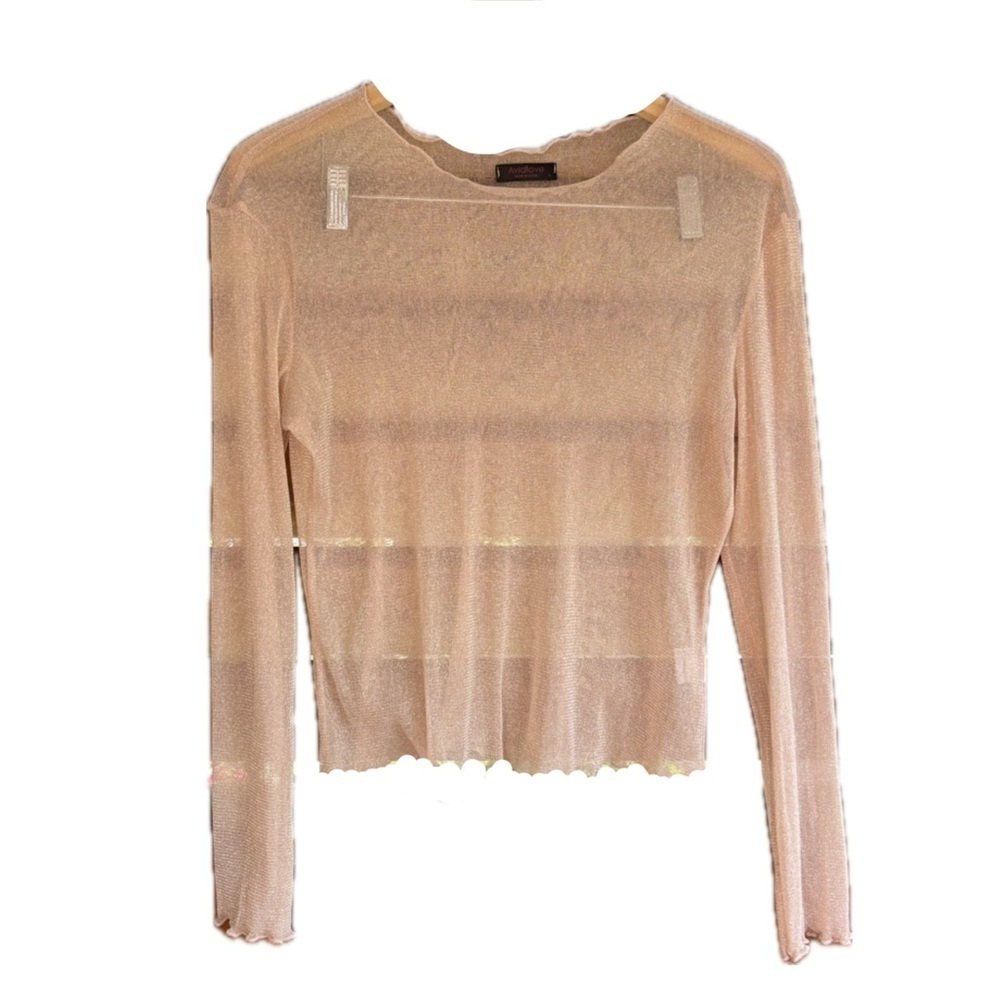 Avid Love Women’s Peach Pink Long Sleeve Sheer Top Shimmer Intimates Size Large